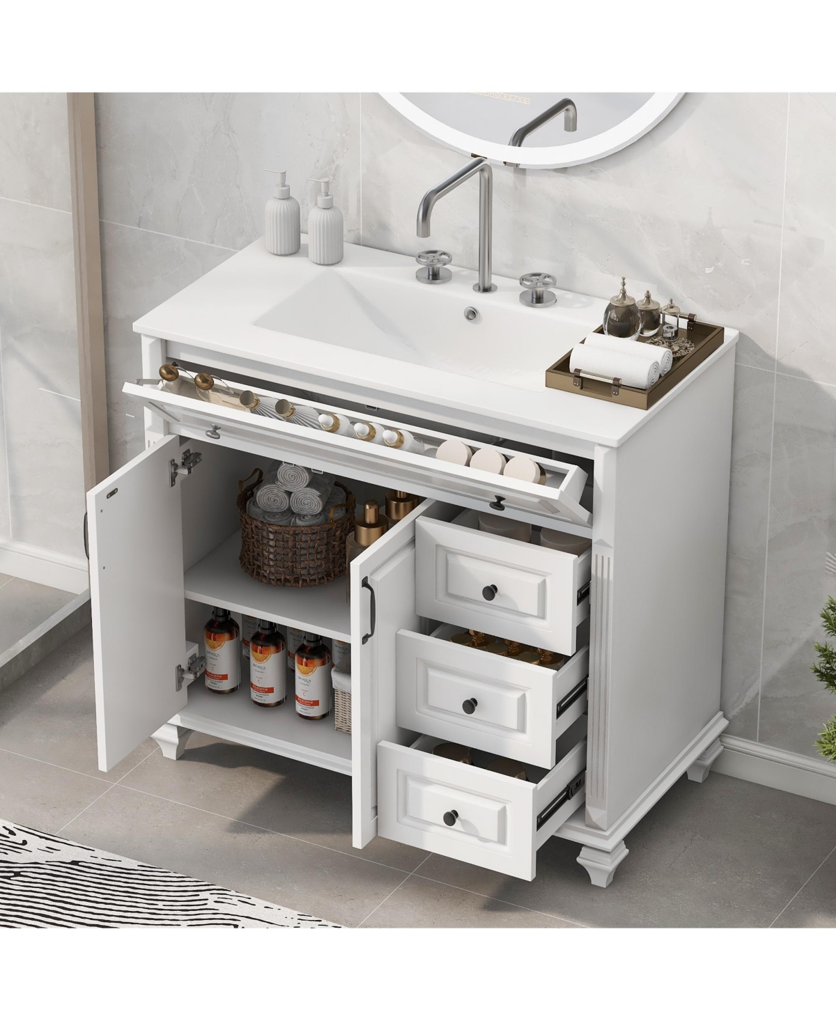 Casainc Solid Wood Vanity with Sink 3 Drawers 2 Doors Flip Drawer