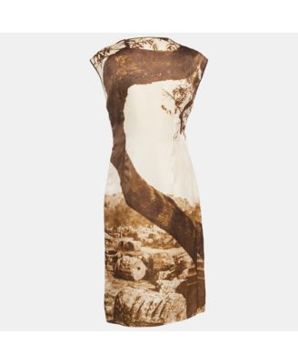 Women's Beige Digital Greek Temple Print Silk Sleeveless Midi Dress