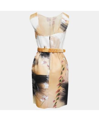 Women's Beige Floral Hand Painted Canvas Limited Edition Midi Dress