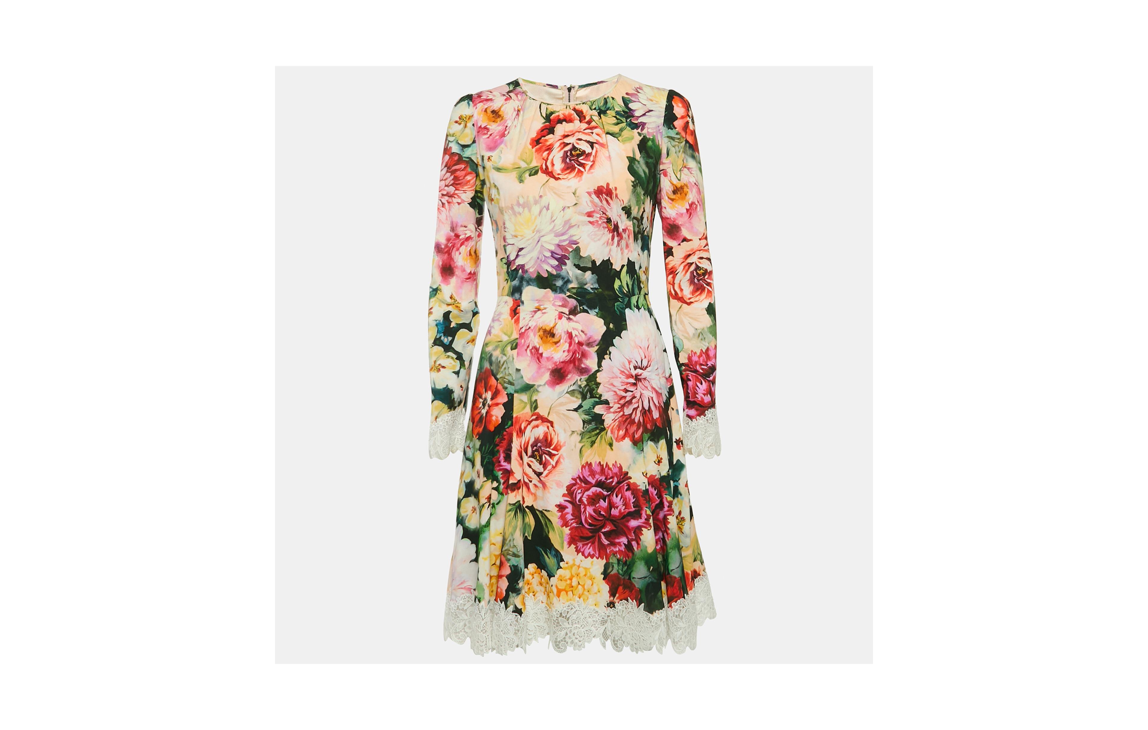 Pre-Owned Dolce & Gabbana Women's Pre-Owned Dolce and Gabbana Pink Floral Print Crepe Lace Trim Short Dress