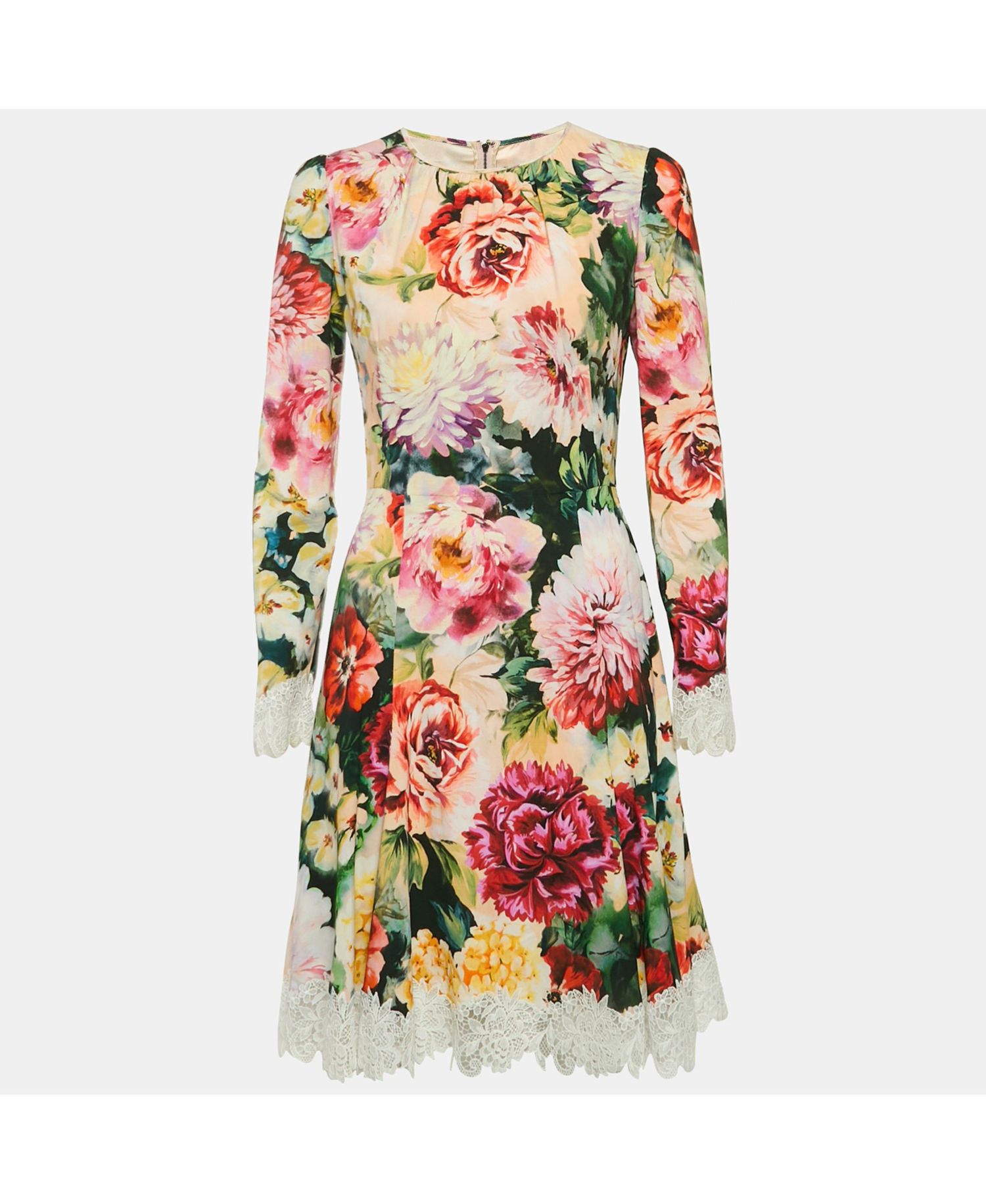 Women's Pre-Owned Dolce and Gabbana Pink Floral Print Crepe Lace Trim Short Dress