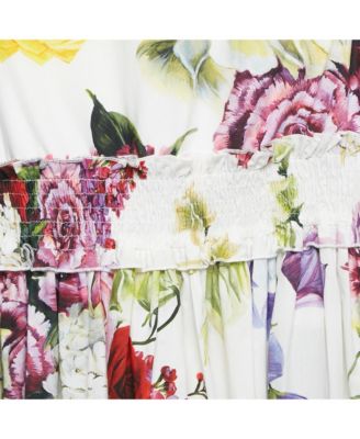 Women's White Floral Print Poplin Smocking Effect Dress