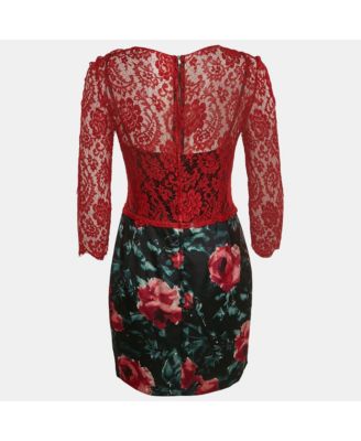 Women's Red/black Lace And Floral Print Crepe Mini Dress