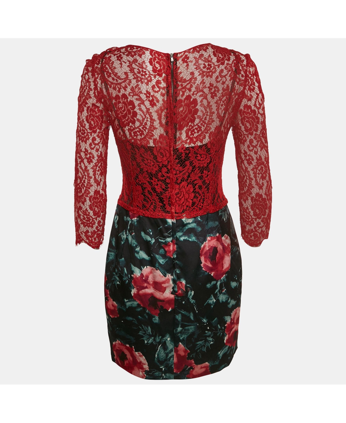 Pre-Owned Dolce & Gabbana Women's Red/black Lace And Floral Print Crepe Mini Dress