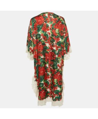 Women's Red/multicolor Geranium Print Silk Blend Lace Trimmed Midi Dress