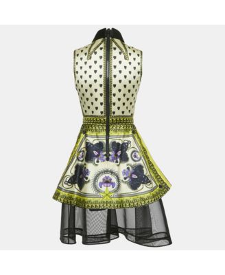 Women's Yellow Panther Print Satin Tulle Trim Short Dress