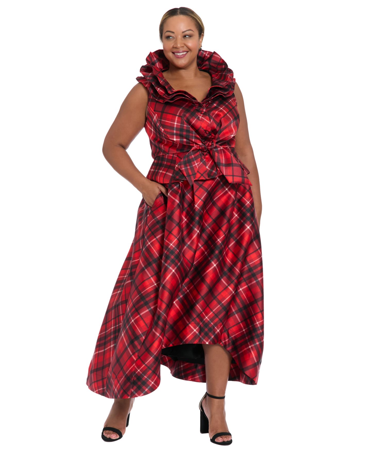 Женская юбка Muse Plus Size High Low Plaid Ballgown, цвет: Красный / Чёрный — фото 2