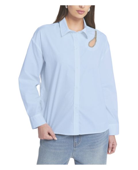 Женская рубашка ELLE Collection Rhinestone Trim Cutout Shirt Button Down Top