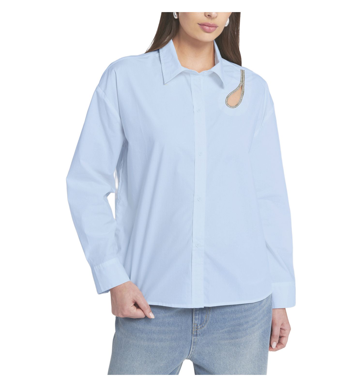 Women's Rhinestone Trim Cutout Shirt Button Down Top