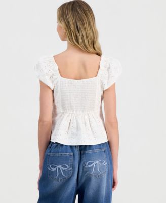 Juniors' Eyelet Short-Sleeve Button-Front Top