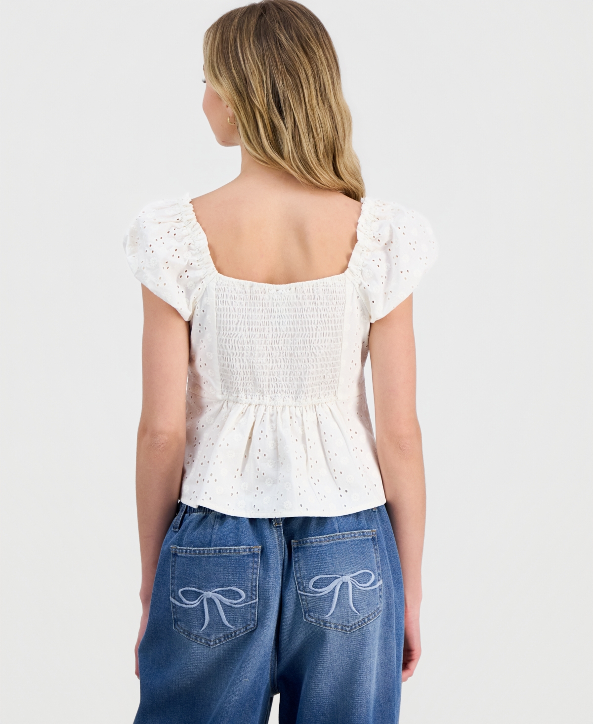 Just Polly Juniors' Eyelet Short-Sleeve Button-Front Top