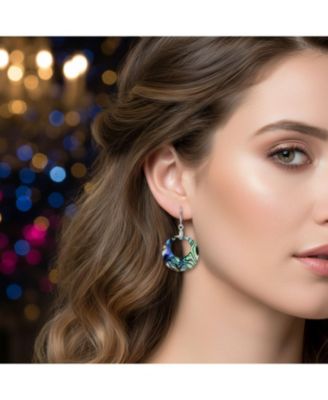Rainbow Iridescent Abalone Dangle Earrings Sterling Silver Circle Hoop