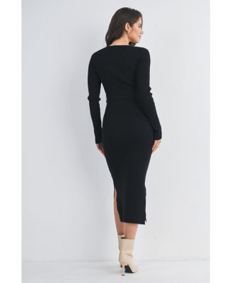 Maternity Ribbed Button Down Waist Tie Midi Nursing Dress - Black - Medium