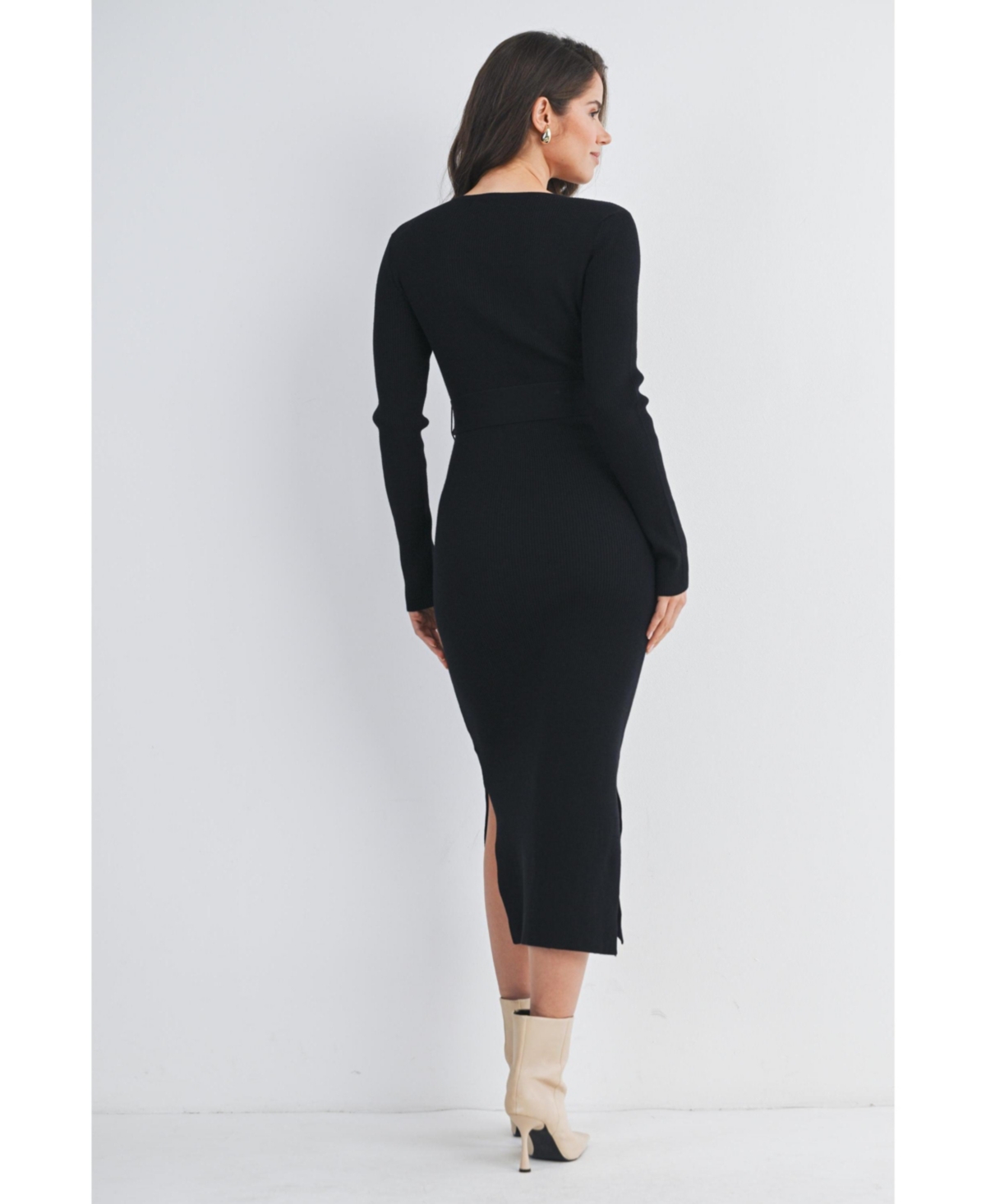 Hello Miz Maternity Ribbed Button Down Waist Tie Midi Nursing Dress - Black
