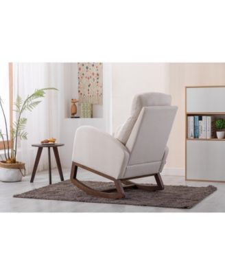 Beige Linen Rocking Recliner Chair – Modern Home Furniture with Wood Legs, Side Pocket & High Back