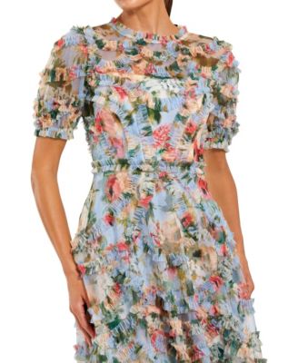 Women's Floral Printed Mesh Ruffle High Neck Midi Dress
