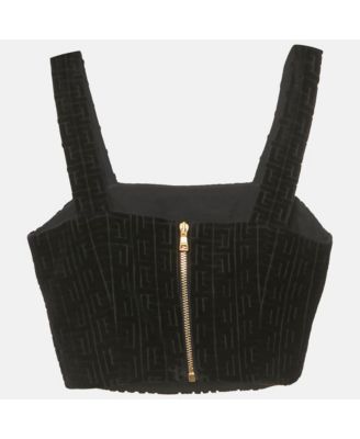 Women's Black Patterned Velvet Crop Top