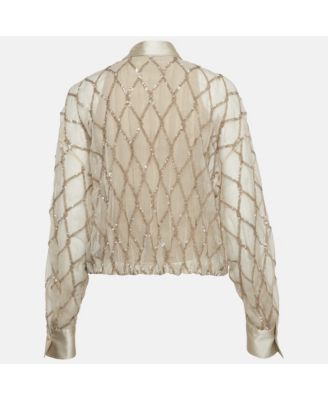 Women's Beige Argyle Sequined Silk Shirt
