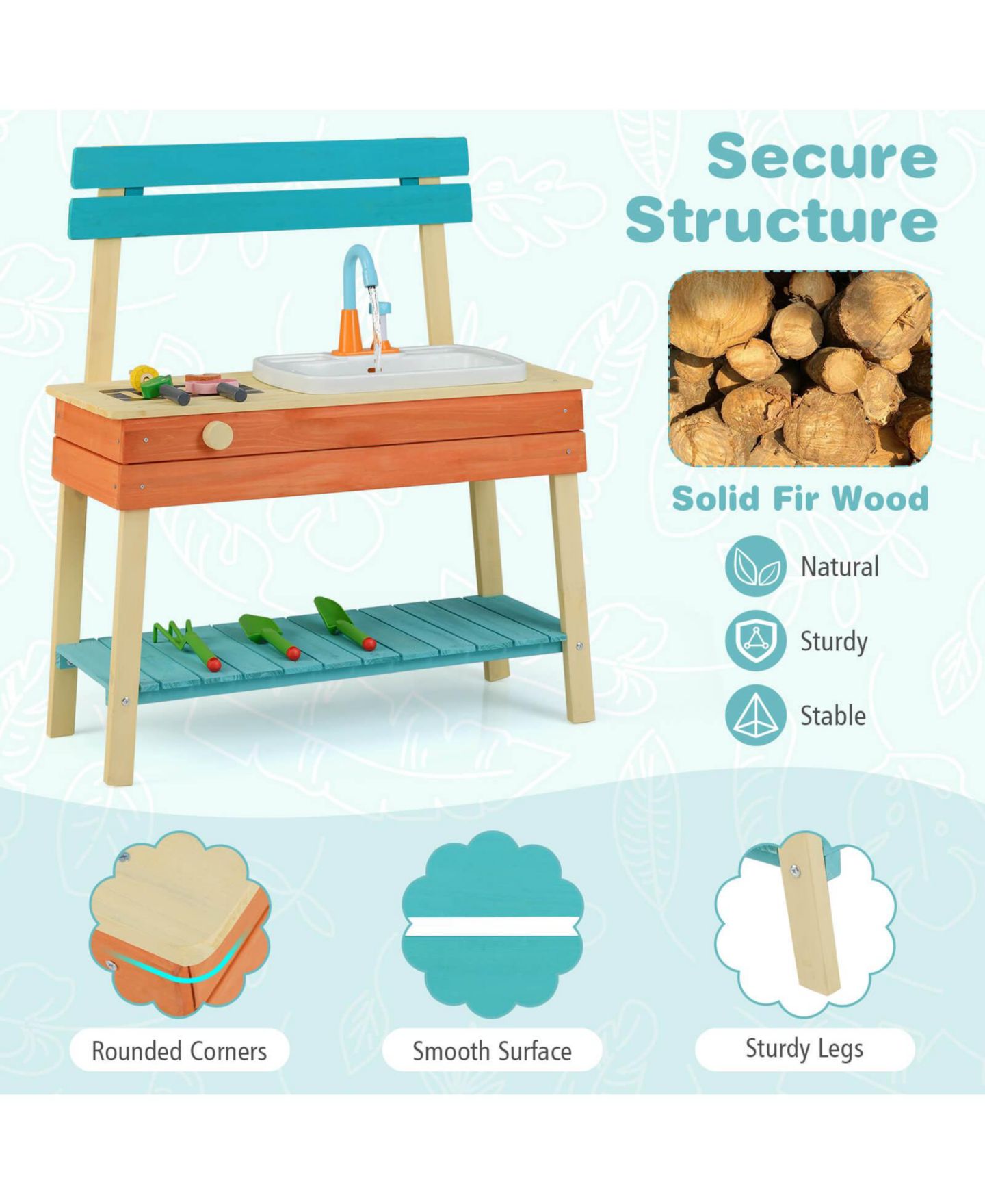 Детская игрушка Costway Water Play Wooden Mud Kitchen, Ages 3-8, цвет: Assorted Pre-Pack — фото 4