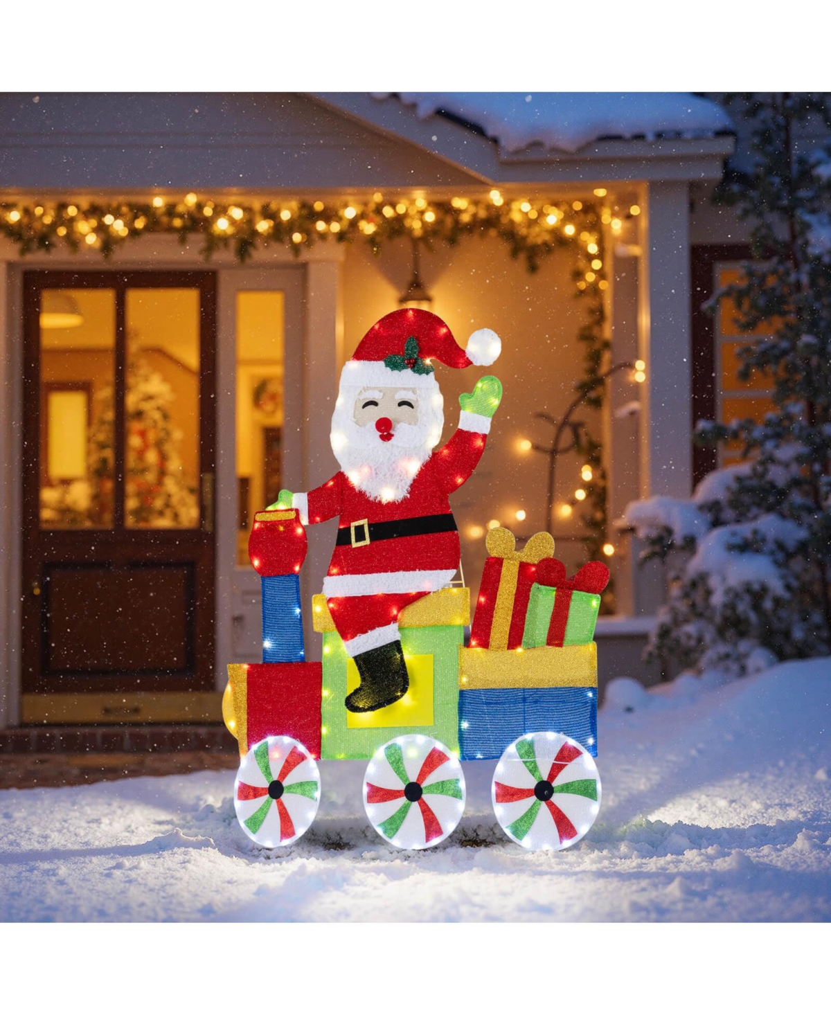 Costway Lighted Santa on Train Christmas Decoration with Led Lights Gift Boxes