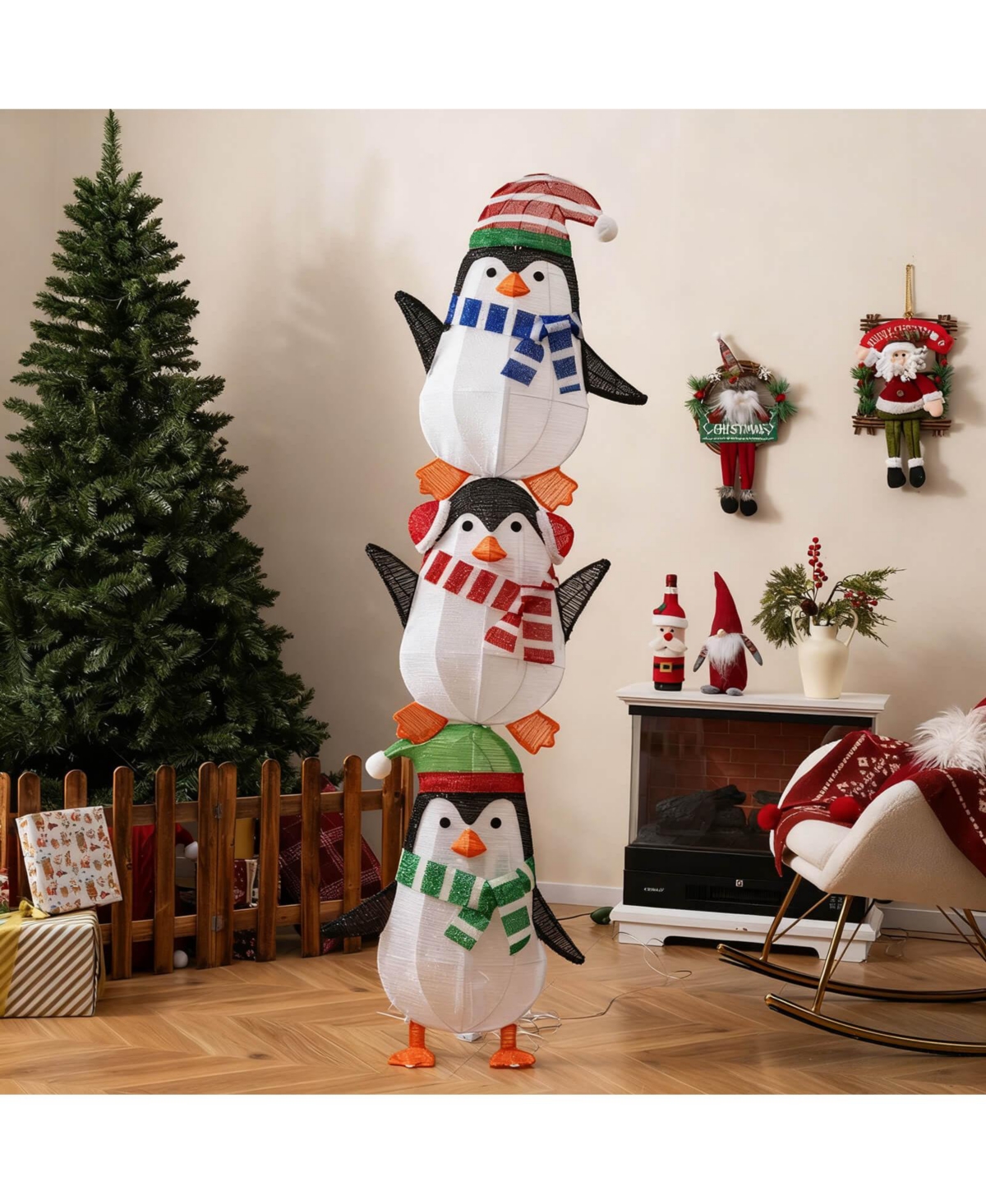 Costway Lighted Penguins Decoration Set of 3 with 156 Warm White Lights Cute Hats & Scarves