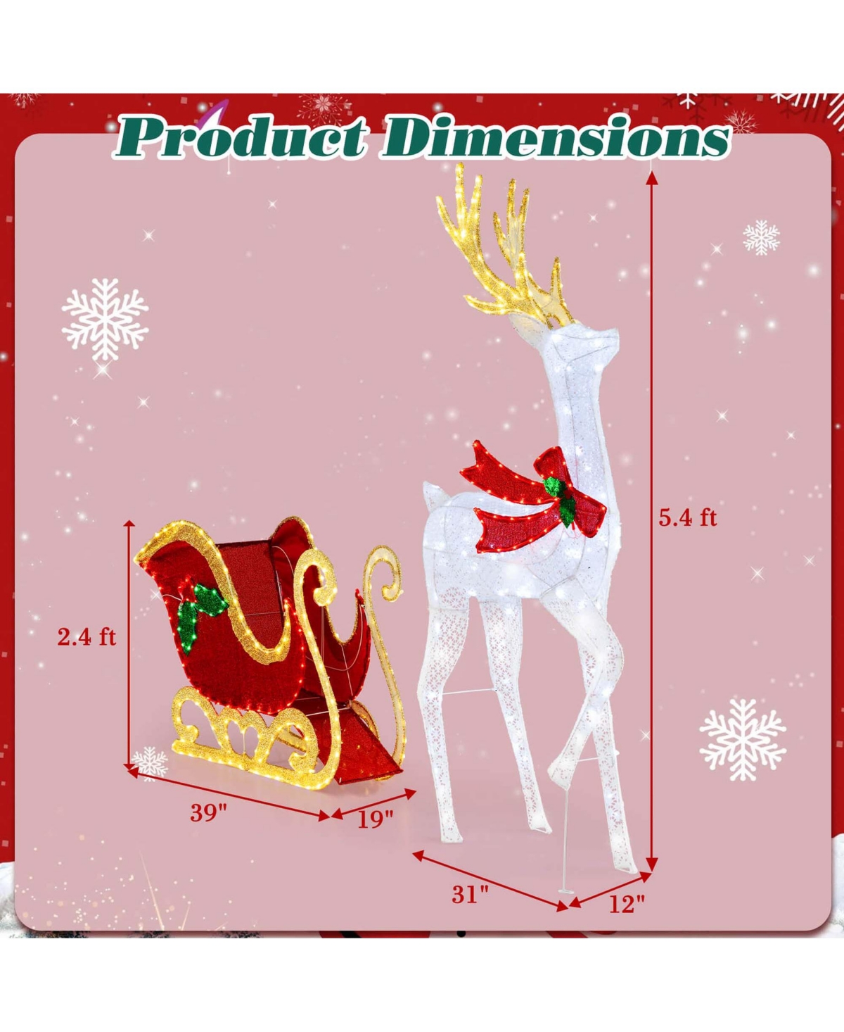 Lighted Christmas Reindeer & Sleigh Set Light-up Xmas Decorations with 462 Led Lights