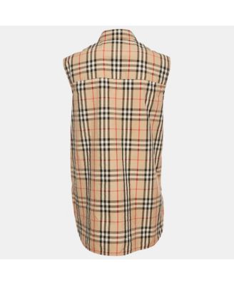 Women's Beige Beige Checks Cotton Sleeveless Shirt