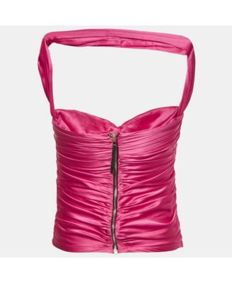Women's Pink Satin Ruched Halter Neck Top