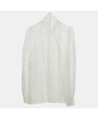 Women's White Sheer Silk Lace Trimmed Blouse