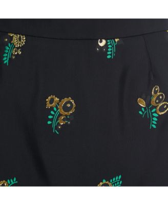 Women's Black Patterned Crepe Ruffle Trimmed Skirt