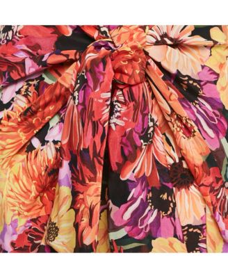 Women's Red Floral Print Silk Tie-Up Trousers