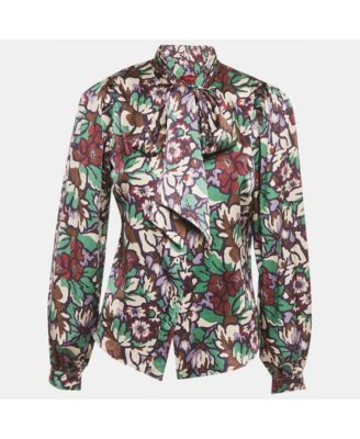 Women's London Printed Satin Silk Tie-Up Neck Detail Blouse