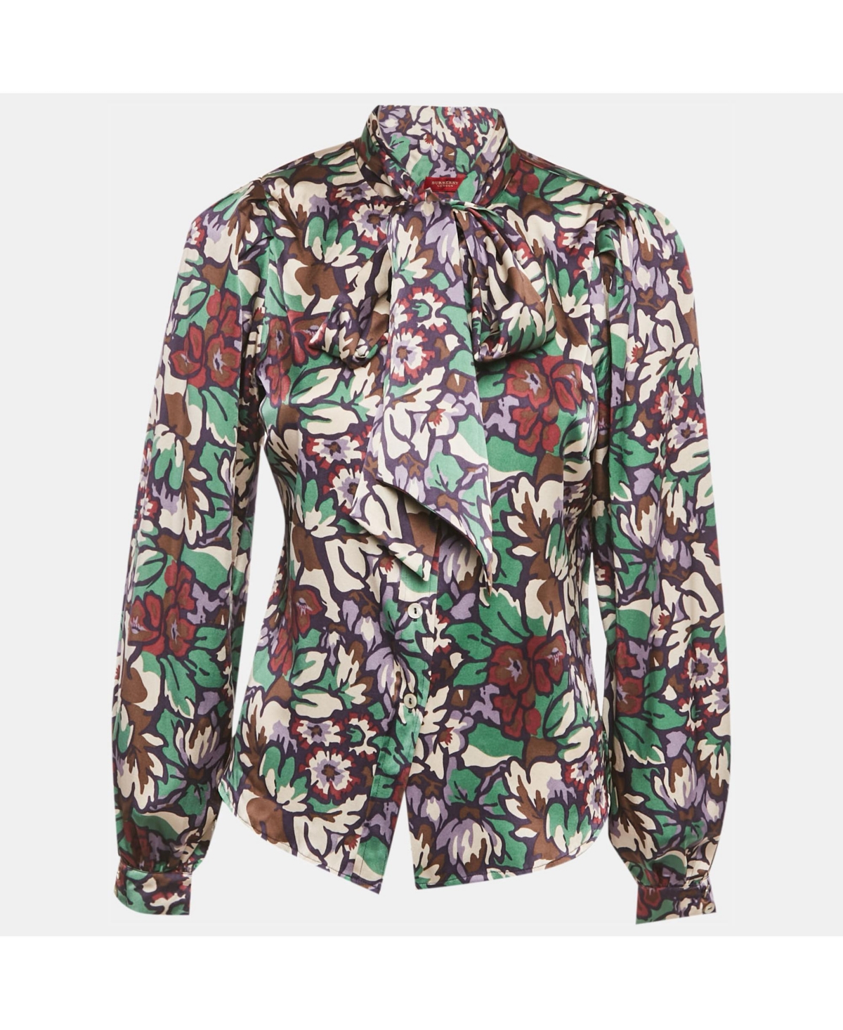 Pre-Owned Burberry Women's London Printed Satin Silk Tie-Up Neck Detail Blouse