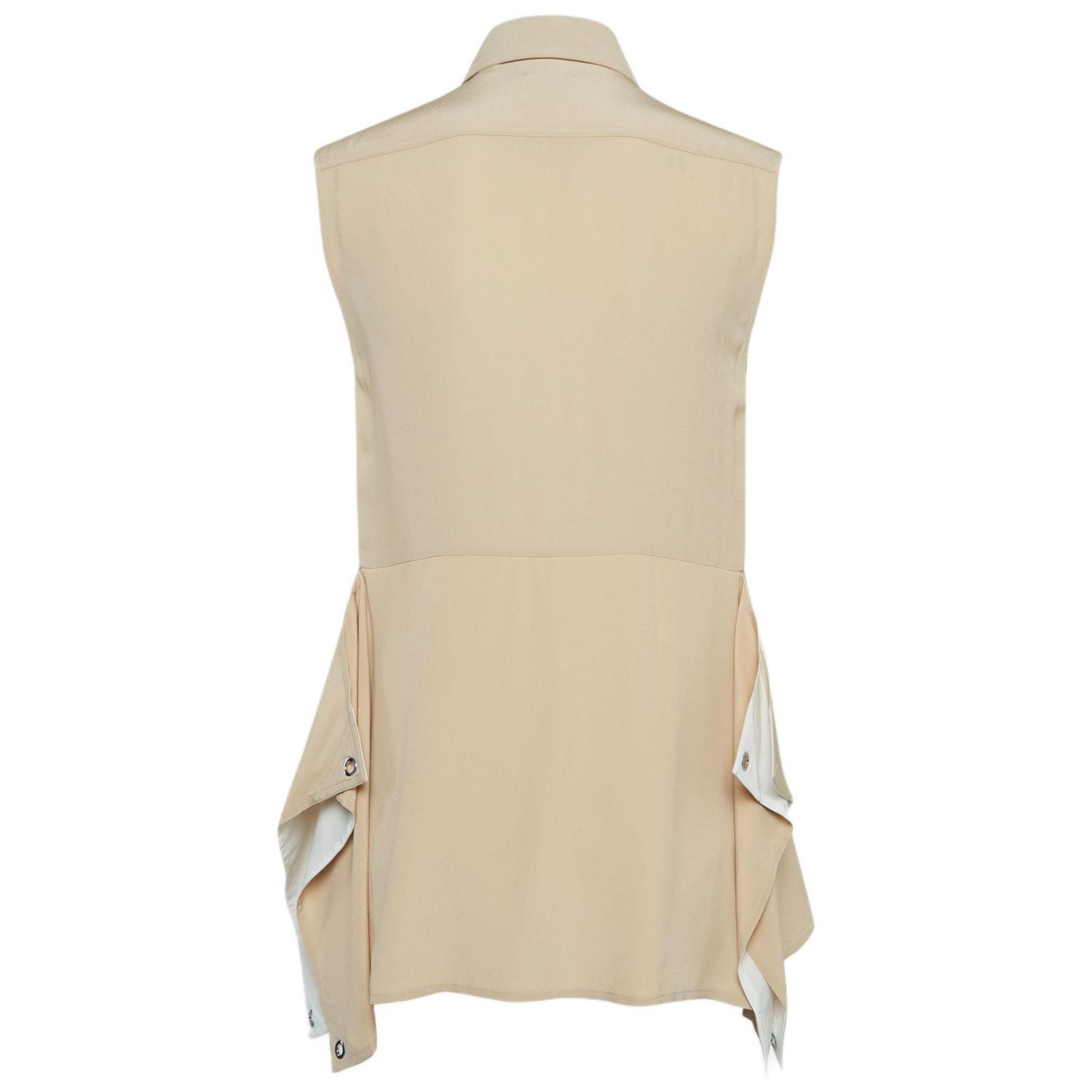 Women's Beige Silk Buttoned A-Line Sleeveless Shirt Blouse