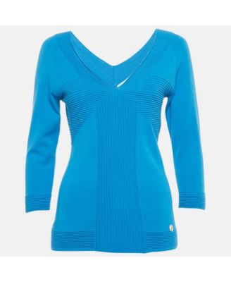 Women's Collection Blue Textured Stretch Knit V-Neck Pullover