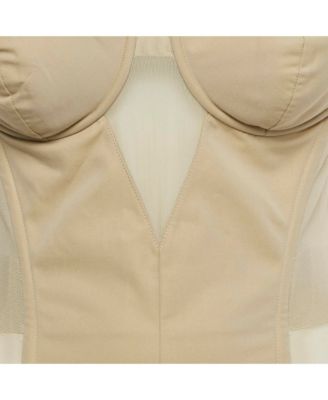 Women's Beige Cotton And Mesh Panaled Top