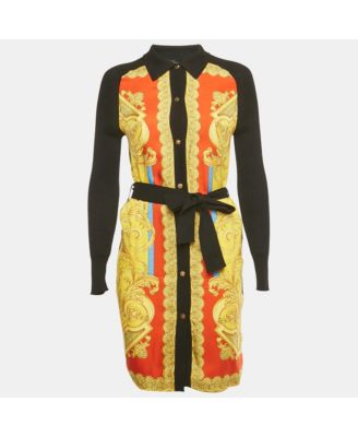 Women's Black/yellow Barocco Print Silk And Rib Knit Cardigan