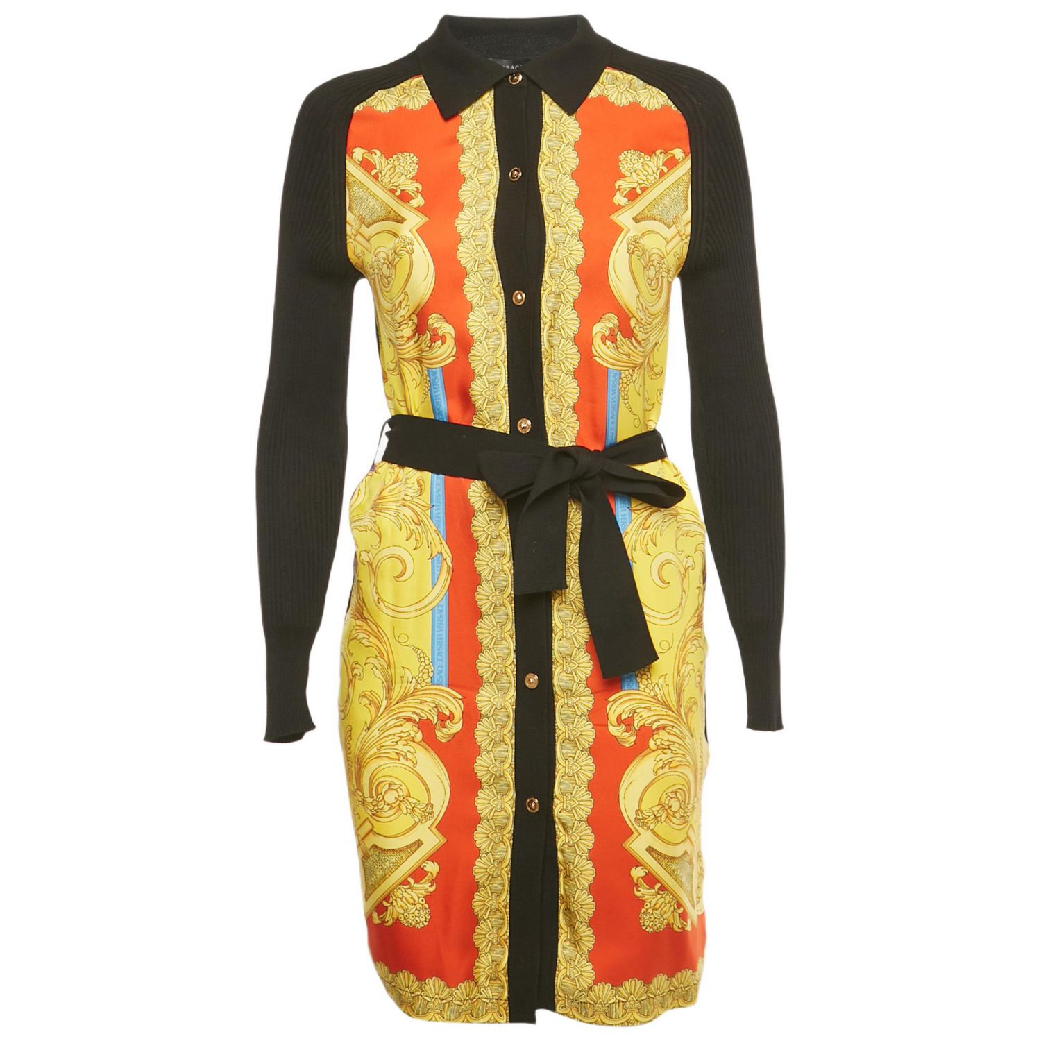 Women's Black/yellow Barocco Print Silk And Rib Knit Cardigan