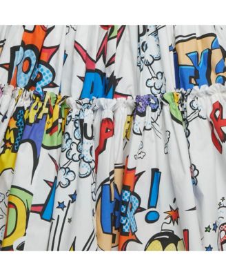 Women's White Comic Print Poplin Tiered Mini Skirt