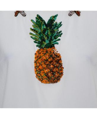 Women's Black And Beige Dice Key Printed Silk Short Sleeve Top