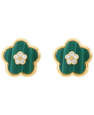 Diamond Accent (0.85mm) & Malachite Stud Earrings in 14k Yellow Gold