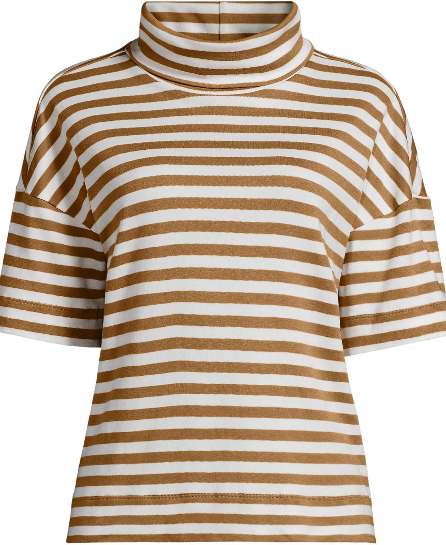 Женский топ Lands' End Elbow Sleeve Supima Cotton Relaxed Turtleneck, цвет: Верблюжий полосатый — фото 3