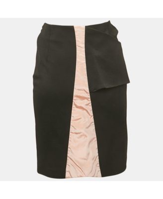 Women's Black And Pink Gabardine Asymmetrical Overlap Pencil Skirt
