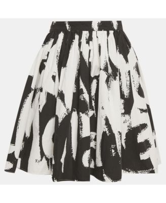 Women's Black/white Abstract Print Cotton Pleated Short Skirt