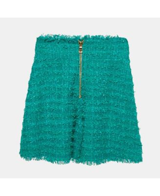 Women's Green Tweed Button Detail High Rise Shorts