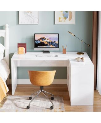 White L-Shaped Computer Desk with 3 Drawers, 55-Inch Modern Gloss Corner Home Office Executive Desk