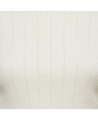 Women's White Rib Knit Structured Shoulders Turtleneck Sweater