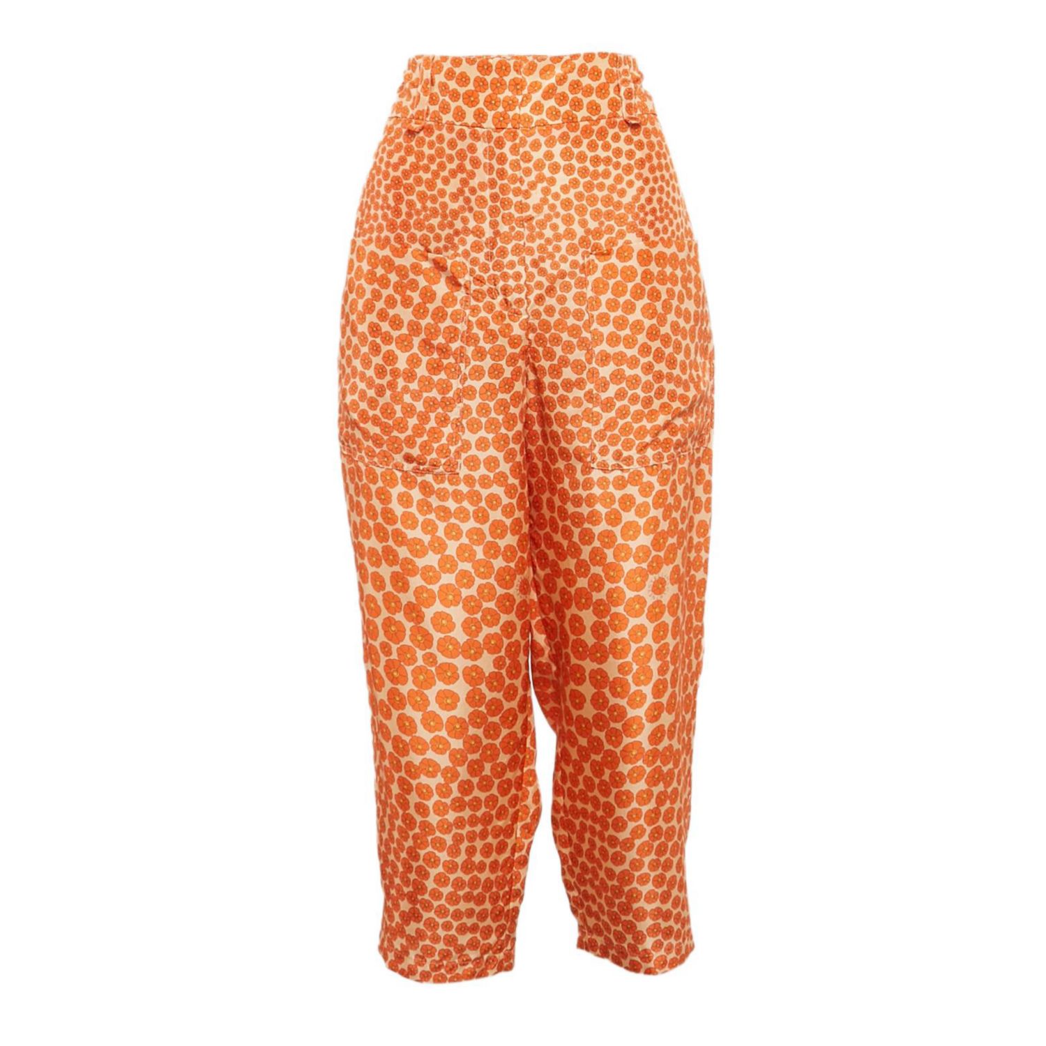 Women's Orange Ditsy Floral Print Silk Trousers