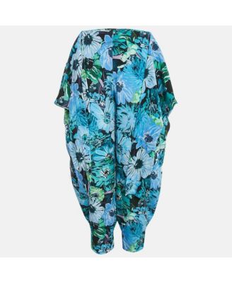 Women's Blue Floral Print Silk Tie-Up Trousers