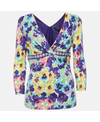Women's Multicolor Floral Jersey V-Neck Long Sleeve Top